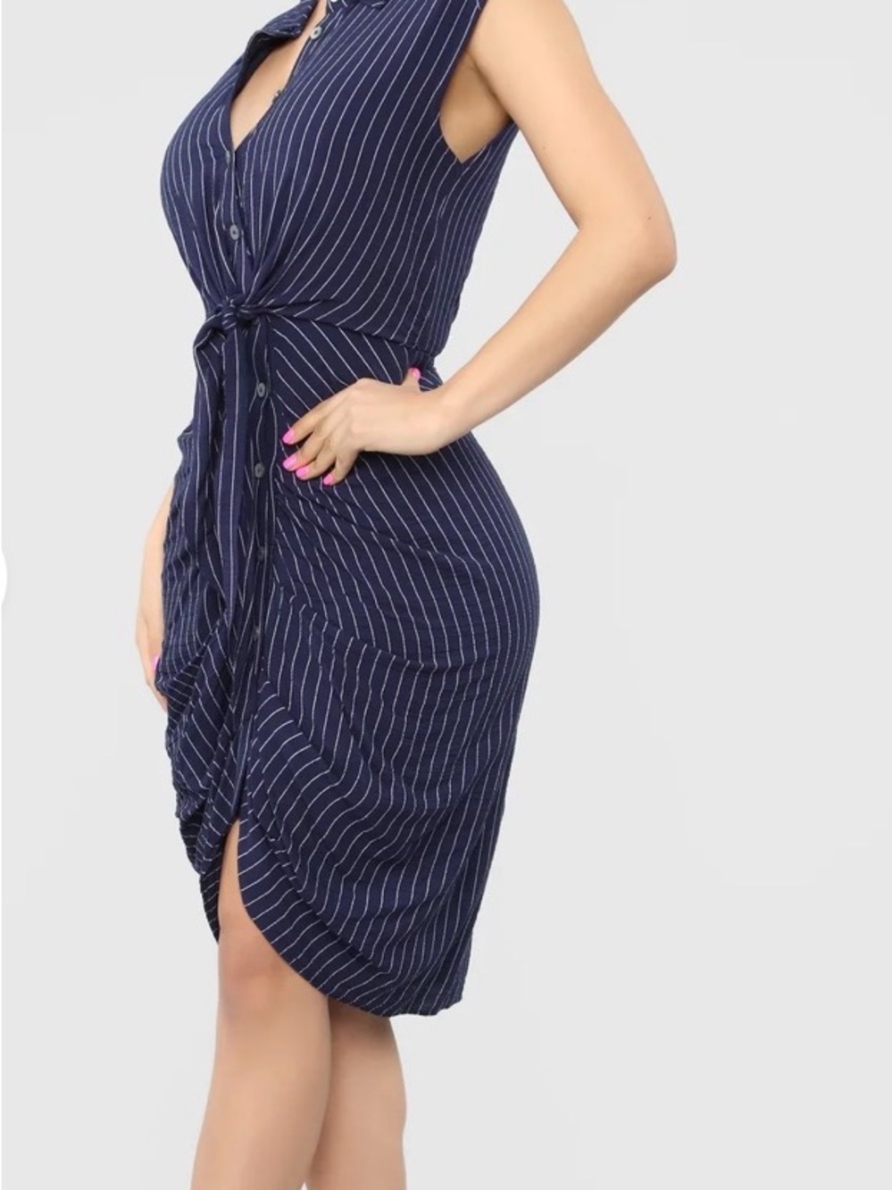 Navy Pinstripe Tie Front Dress - Picture 3 of 6